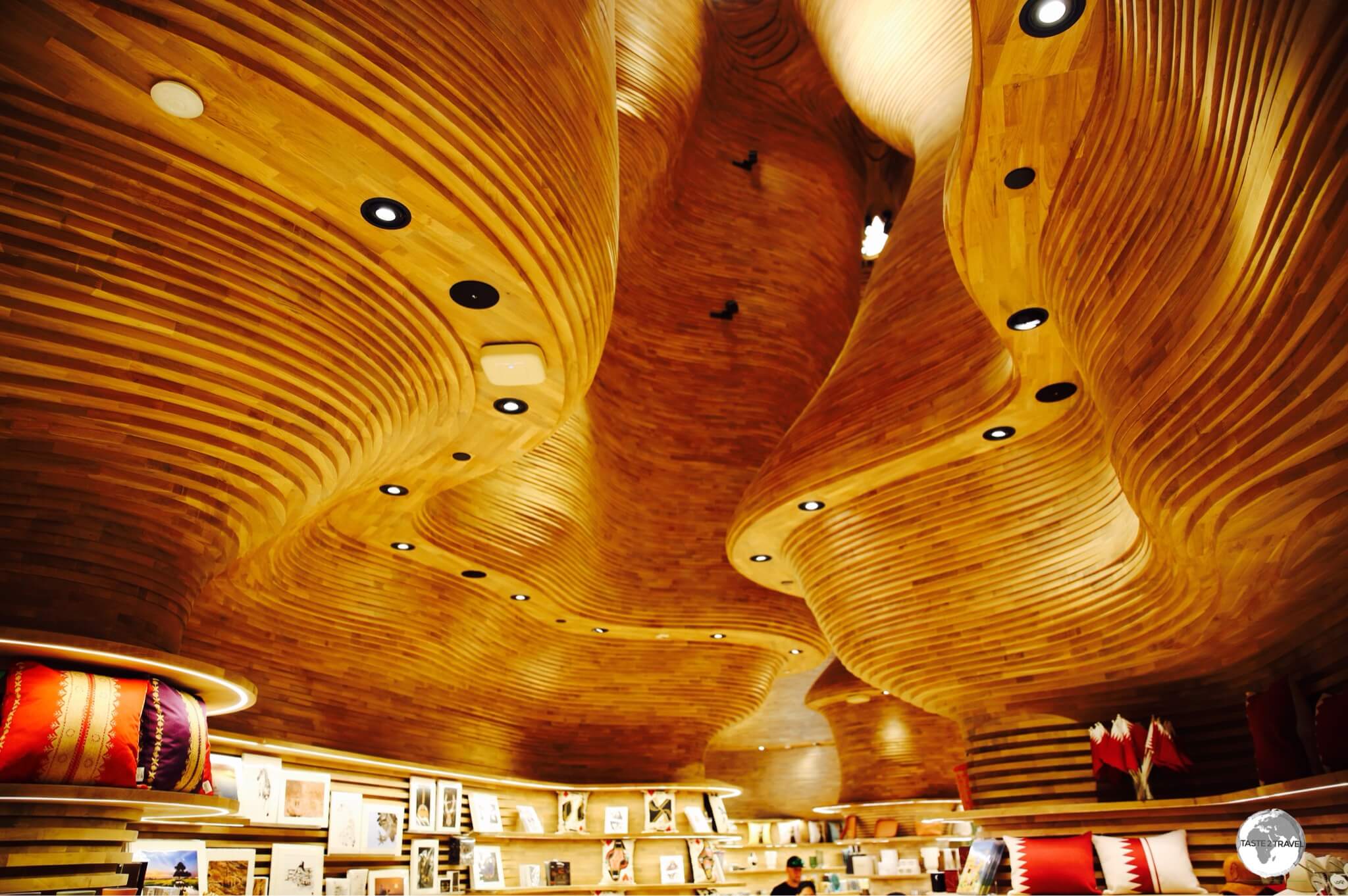 The striking wooden ceiling of the National Museum of Qatar gift shop was designed by an Australian architectural firm.