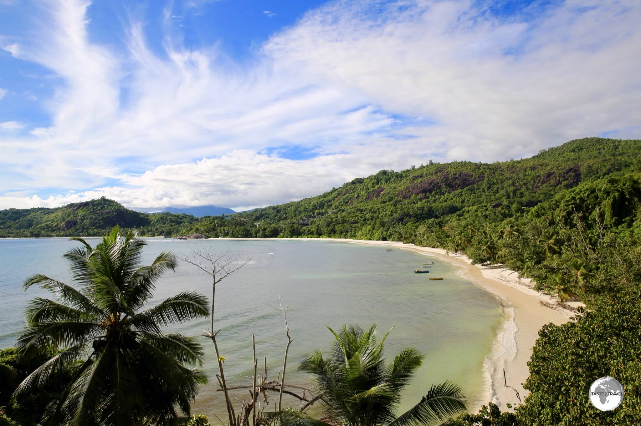 A panoramic view over Baie Lazare, one of the finest beaches on the south-west coast of Mahé.