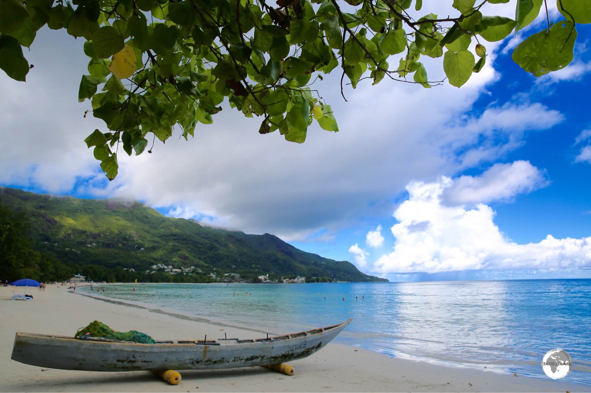 A traditional fishing boat on Beau Vallon beach. 