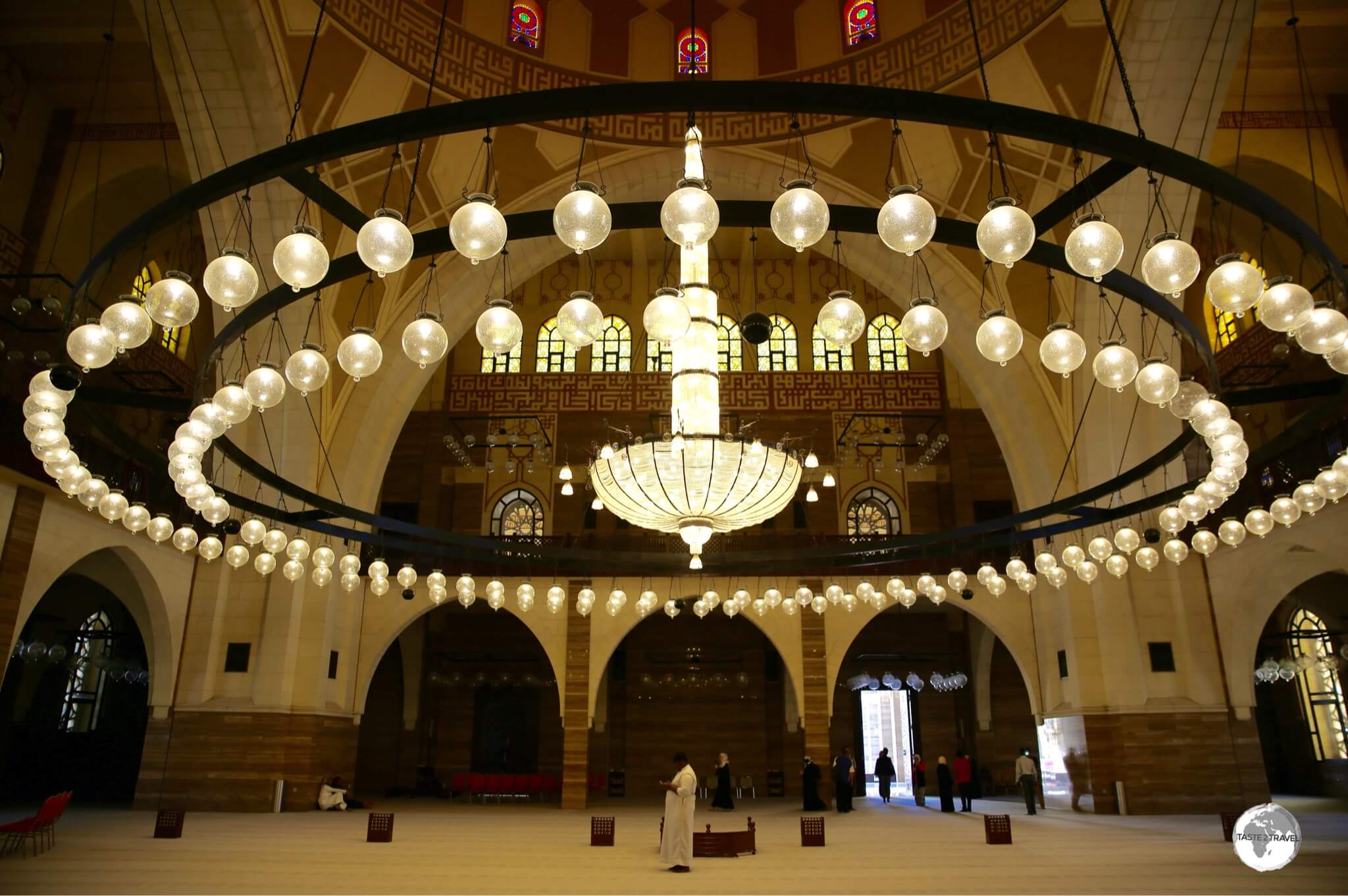 The interior of the Al Fatih Mosque, the largest place of worship in Bahrain.