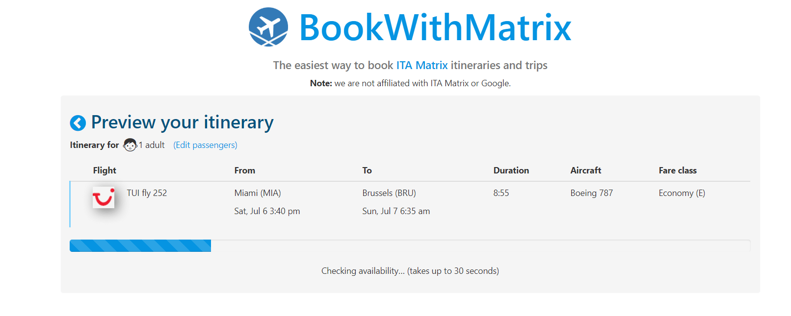 'Book With Matrix' converting the booking code from the ITA Matrix.