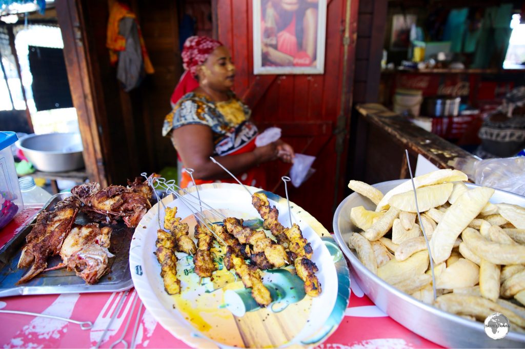 Food stalls at Mamoudzou central market offers affordable local food.