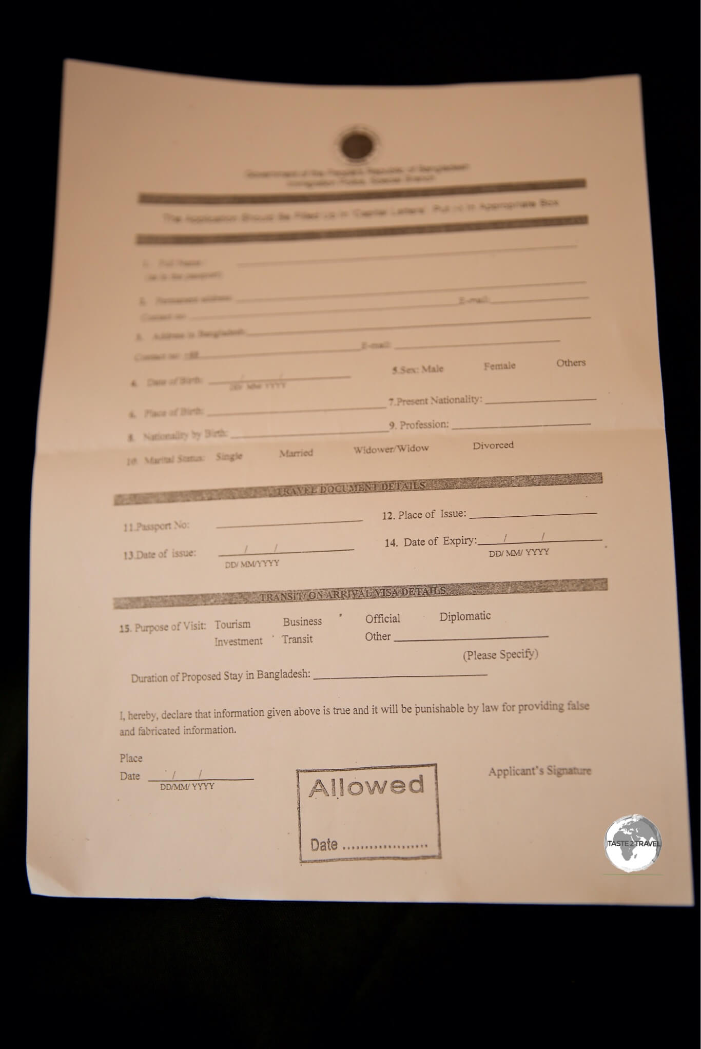 The 'Visa on Arrival' application form. 