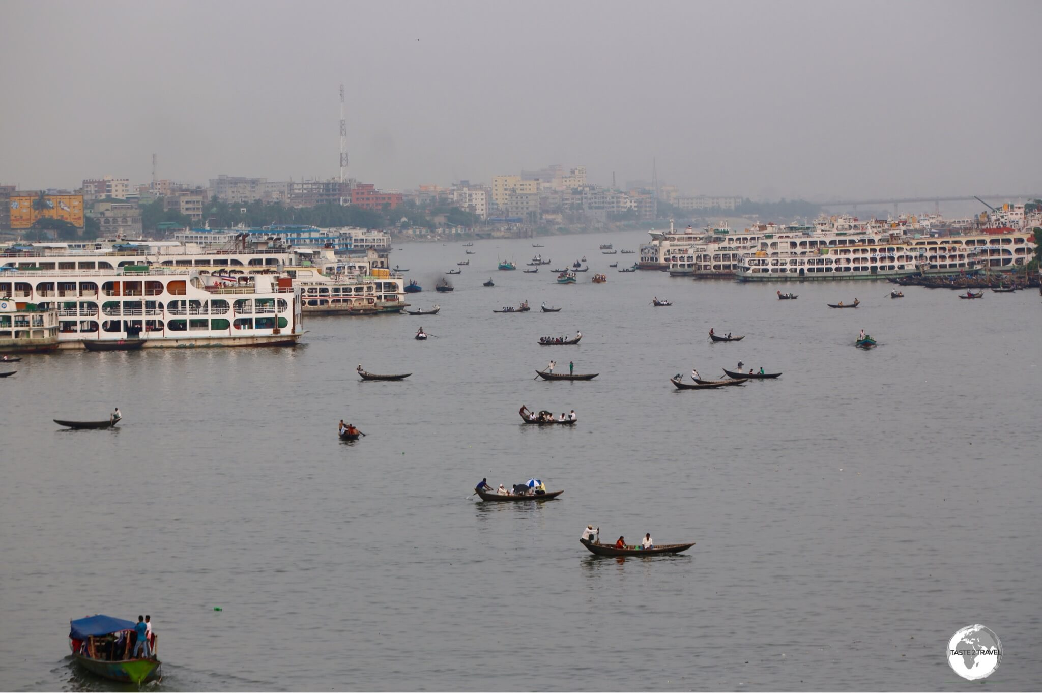 A view of the Buriganga River and the Sadarghat Boat Terminal, the busiest boat terminal in Bangladesh.