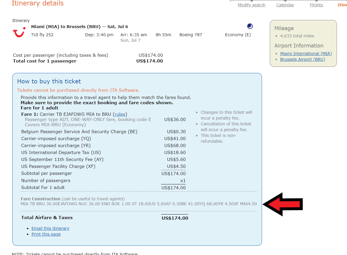 How to Book Cheap Flights: The itinerary for the TUI Fly flight includes the all-important fare construction code for the ticket. 