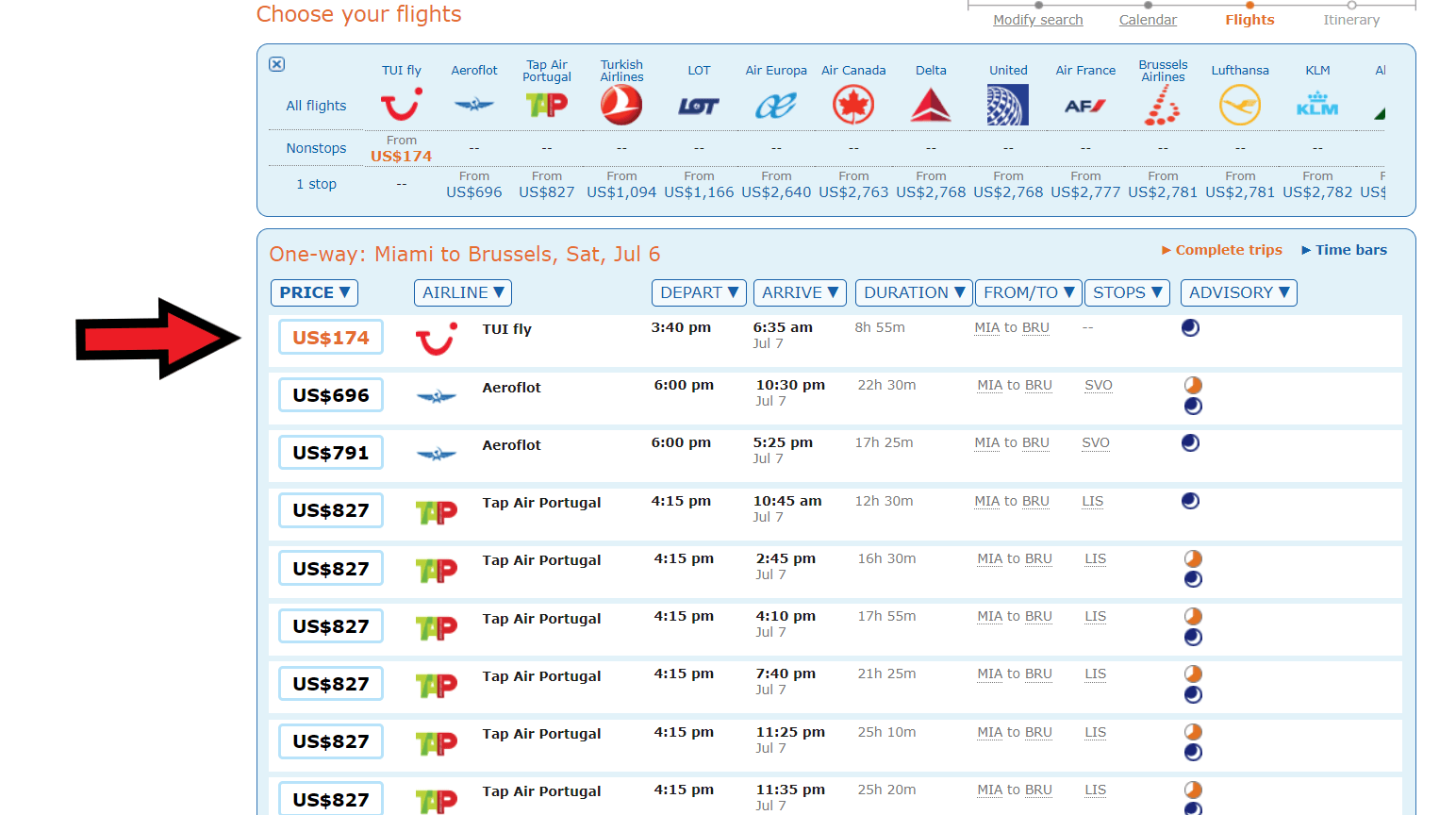 The cheapest fare available on a particular route during the month will be highlighted in red.