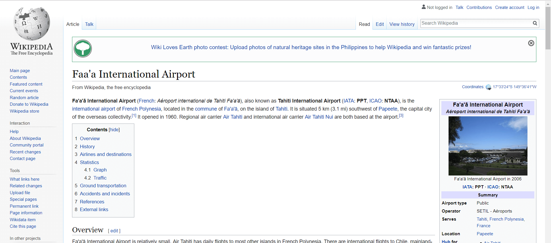 The Wikipedia page for Tahiti International Airport, officially known as Fa'a'ā International Airport.