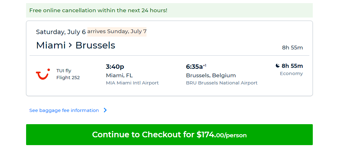 The screen from Priceline.com from where you can purchase the TUI Fly flight.