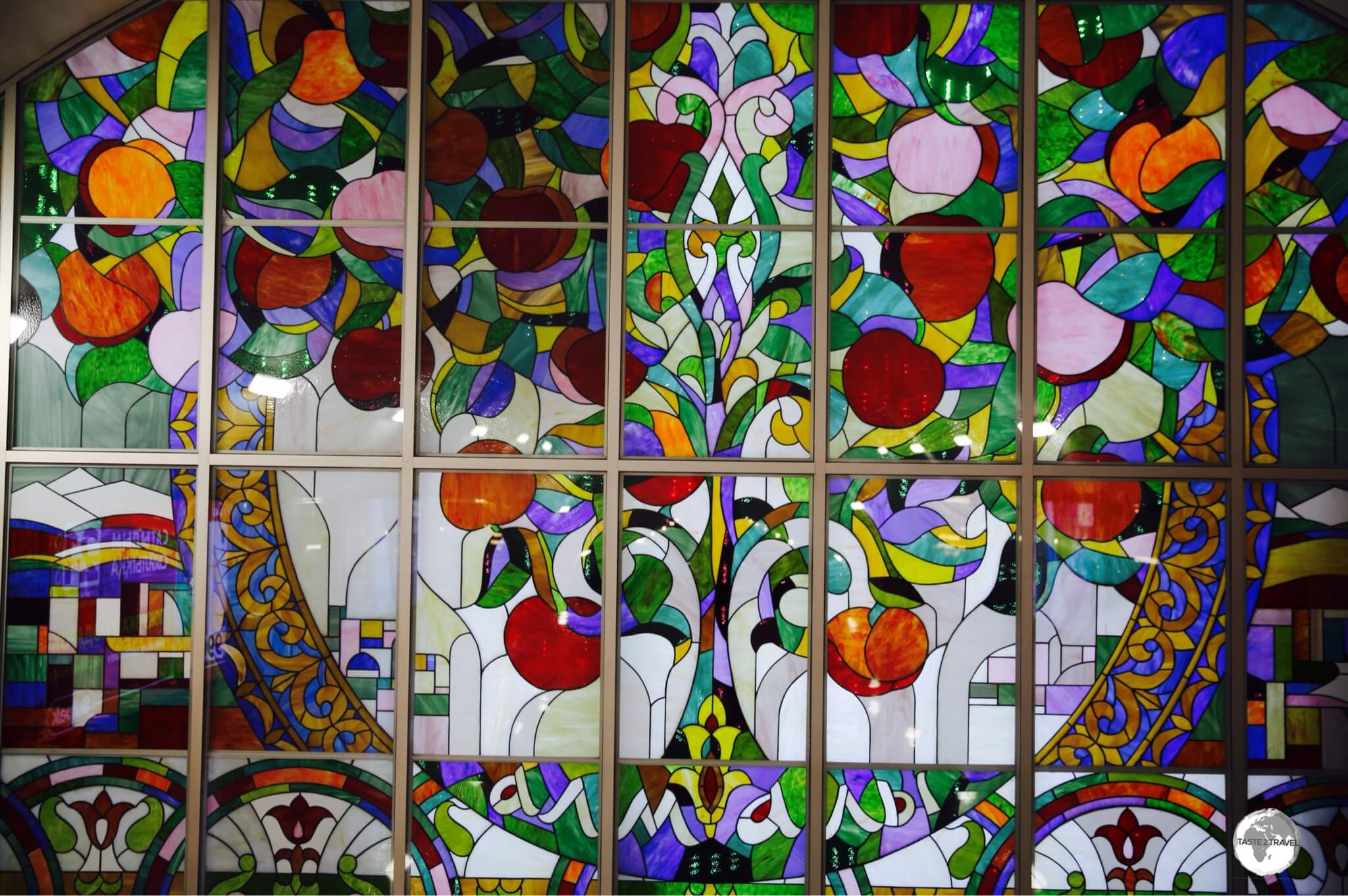 Apple tree's are everywhere in the city of apples, including this stained-glass artwork at the "Almaly" metro station.