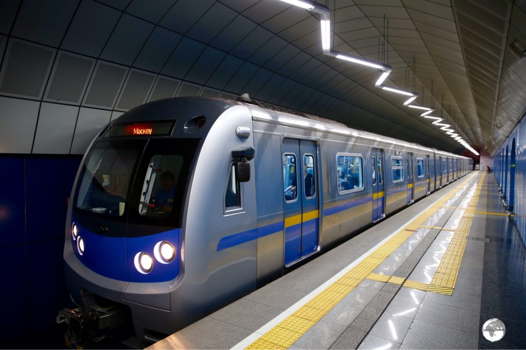 A metro train ready to depart from Baikonur station.