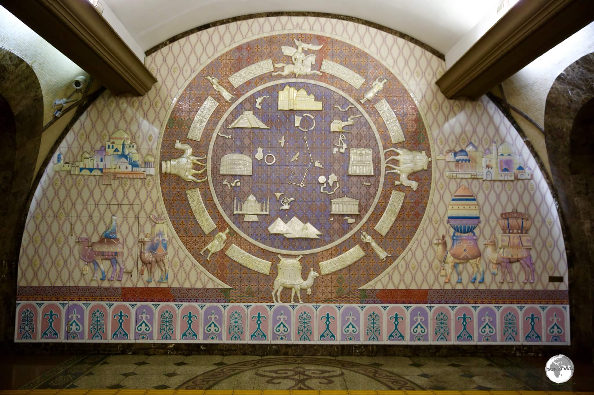 A ceramic, Silk Road, mural at Zhibek Zholy (Silk Road) Metro Station.