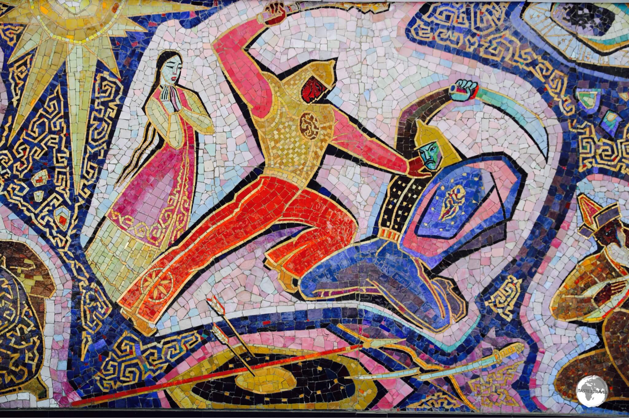 Adorning the wall of the Hotel Almaty, the 'Enlik-Kebek' mosaic tells a Kazakh folk tale of star-crossed lovers. 