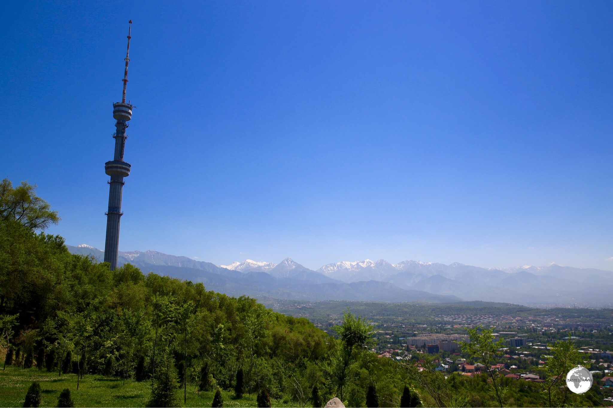 A view of the 372-metre TV tower and the Tian Shan mountains from Kok Tobe.