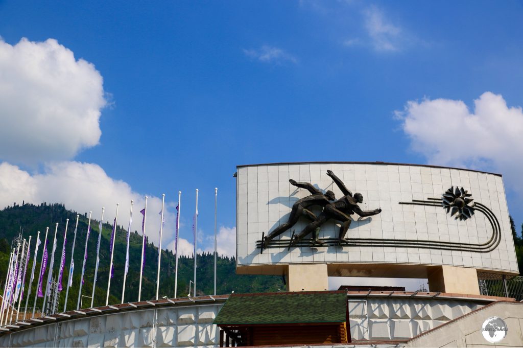 The entrance of the Medeu Alpine arena.