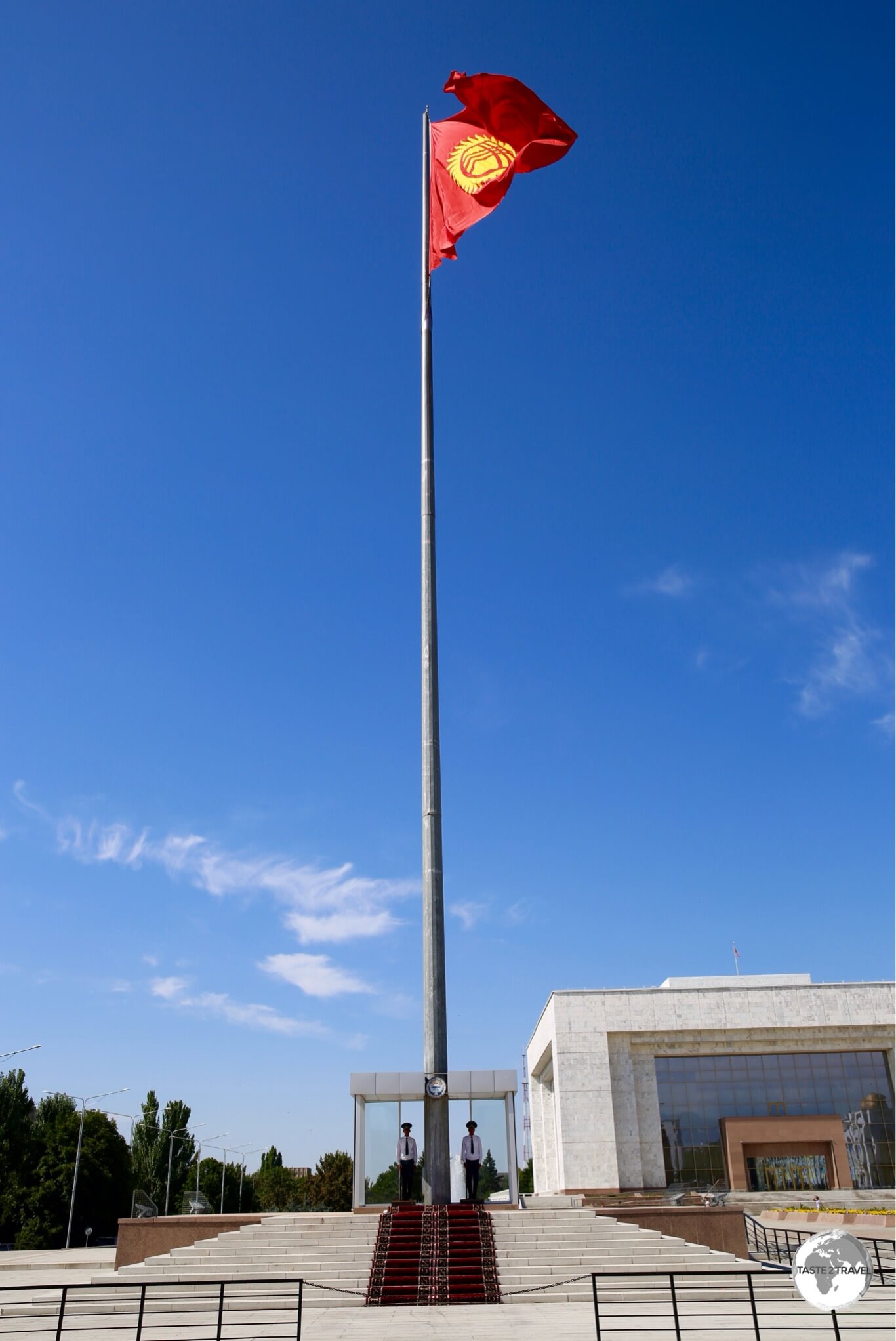 The guarded flagpole in Bishkek's Ala-Too square.