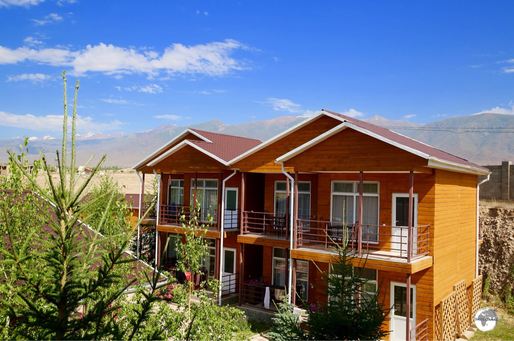 A view of one of the accommodation buildings at the Altyn Bulak Lakeside Resort. 