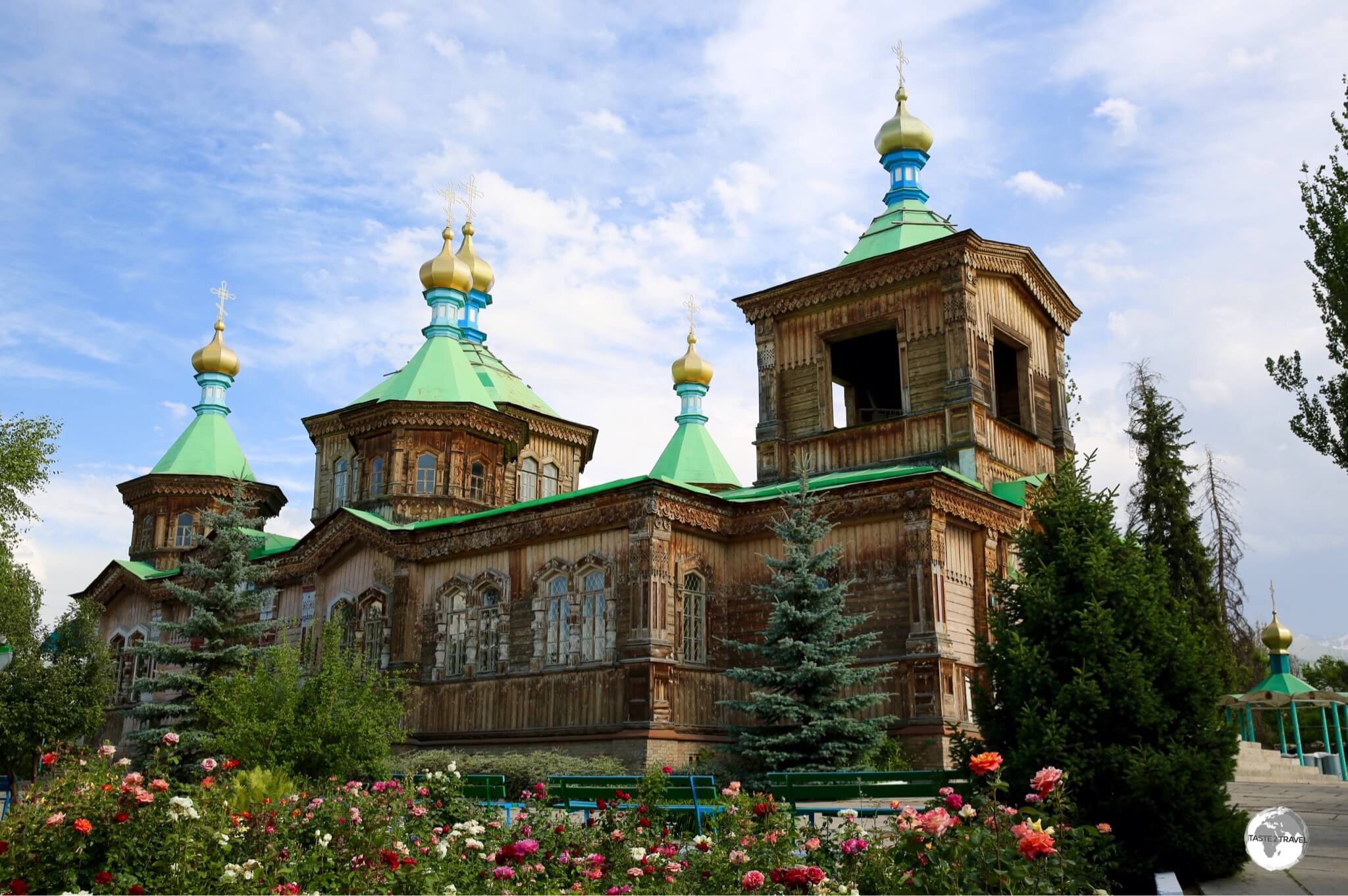 A Russian orthodox church, the all-timber, Holy Trinity Cathedral, is one of the main sights of historic Karakol.