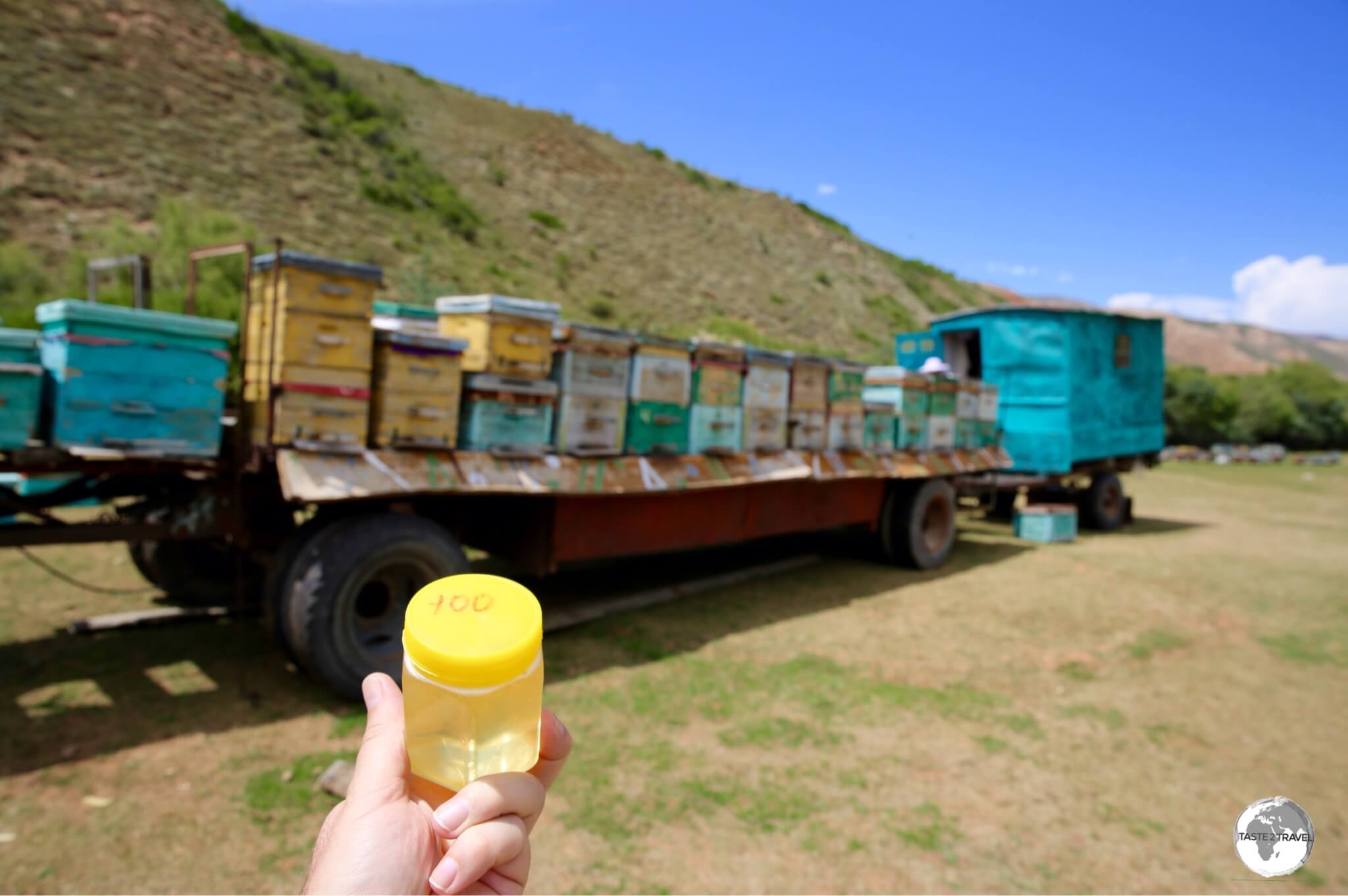 My container of fresh Jeti-Ögüz honey, which cost me just 100 som (US$1.40).