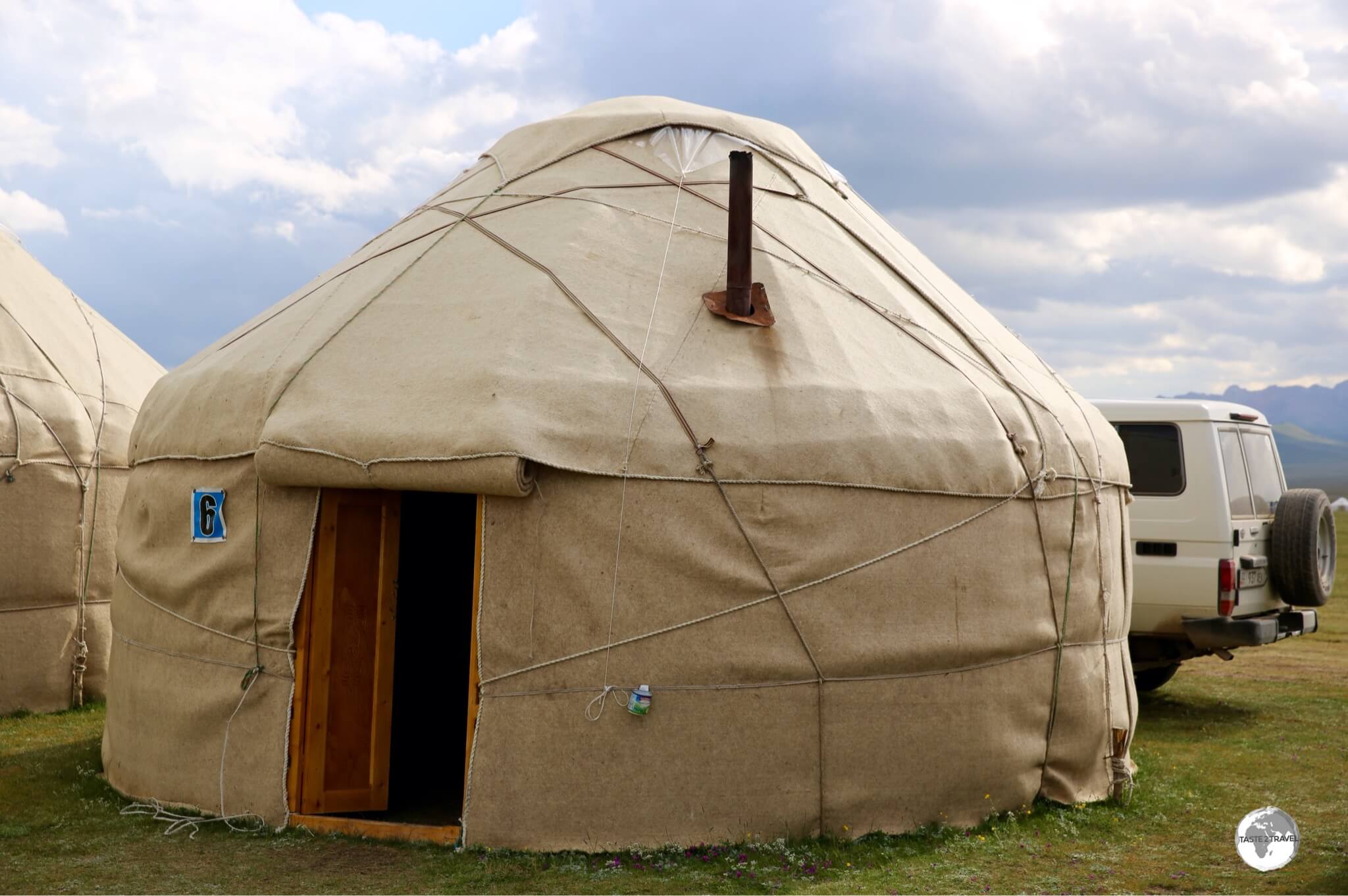 Yurt #6 - my cosy home (with plenty of parking for my Toyota Land Cruiser) on Lake Son-Kul.