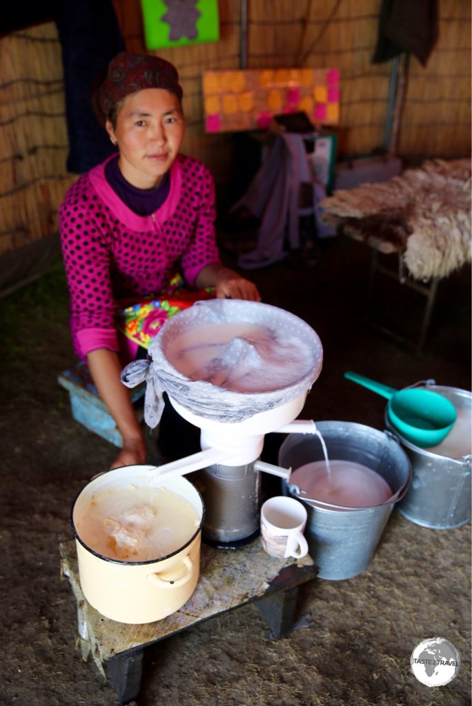 Each morning, one of the family members separates cream from the fresh milk. This is then served with pancakes and jam for breakfast.