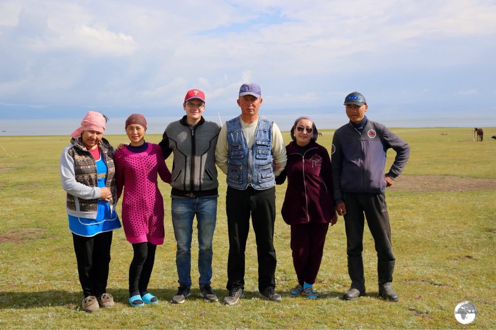 My host family, and their adopted US Peace Corps volunteer, outside one of their yurts, on lake Son-Kul.