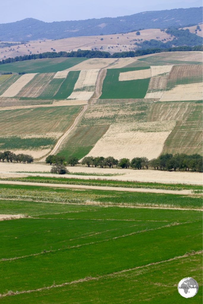 A patch-work quilt of cultivated fields, on the road to Jalal-Abad.