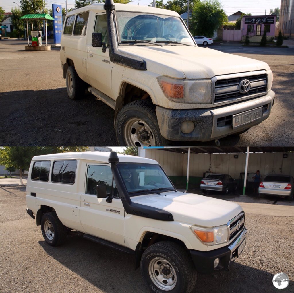 A much needed car wash in Osh! Before and after photos of my amazing, go-anywhere, Toyota Land Cruiser, perfect for the rough Kyrgyzstan roads.