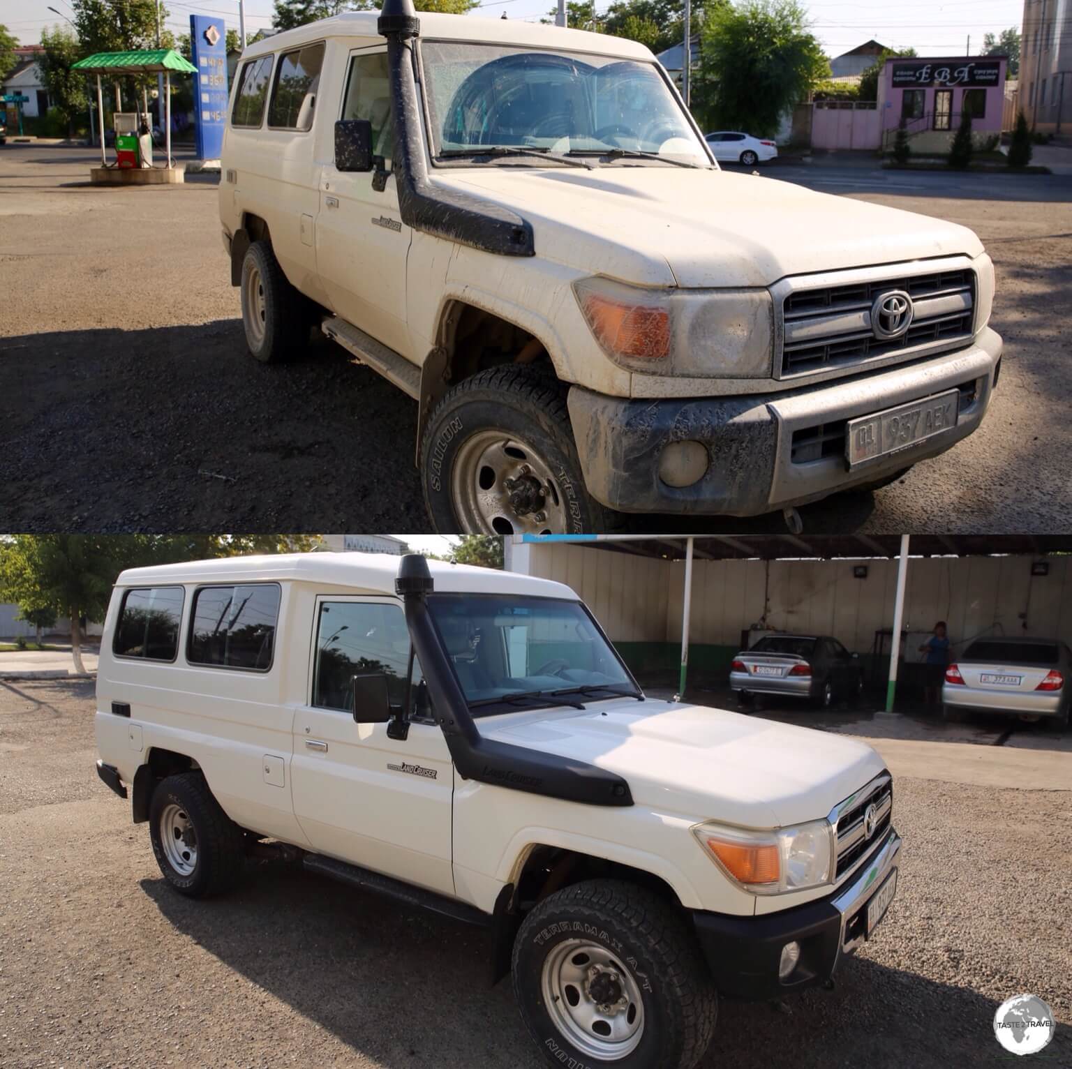 A much needed car wash in Osh! <i>Before</i> and <i>after</i> photos of my amazing, go-anywhere, Toyota Land Cruiser, perfect for the rough Kyrgyzstan roads.