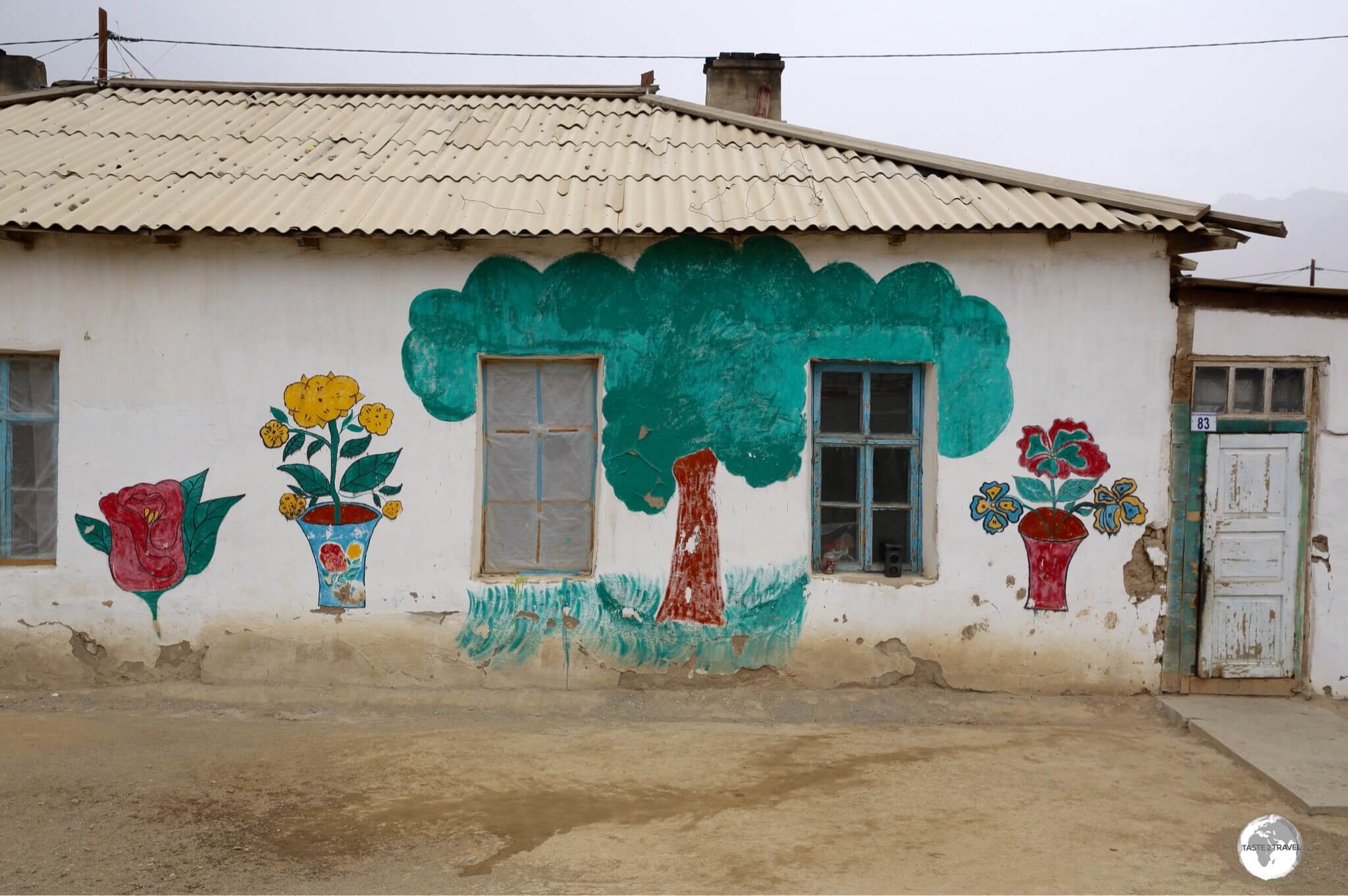 The residents of Murgab add a splash of colour to their homes by painting colourful flowers and trees onto the white adobe walls. 