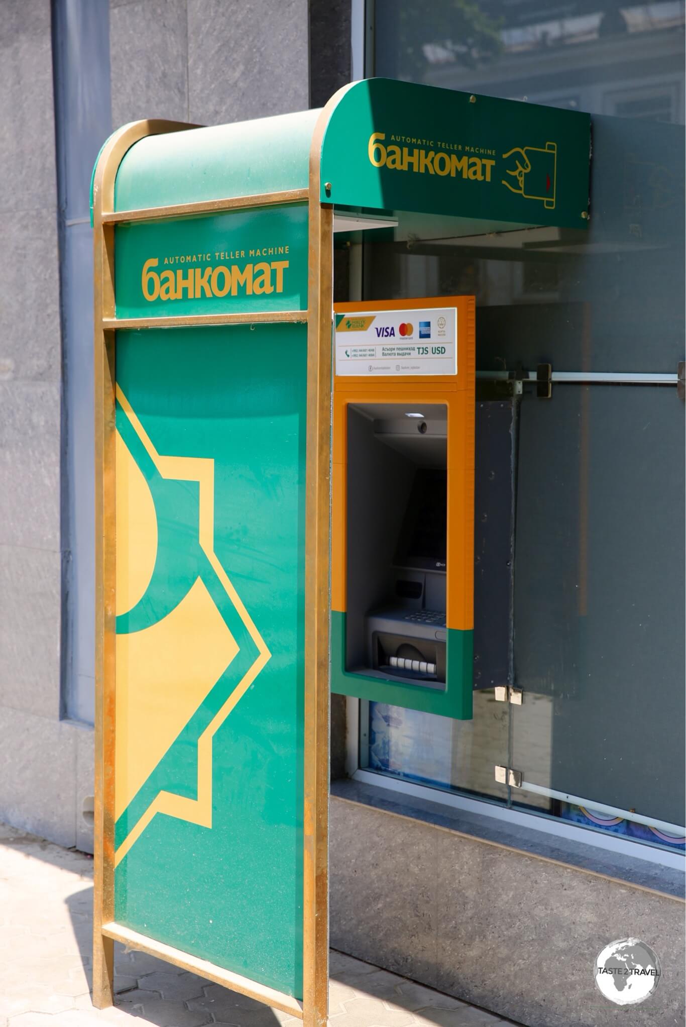 One of the few Kazkom ATM's, located opposite the TSUM department store, on Rudaki avenue, in Dushanbe.