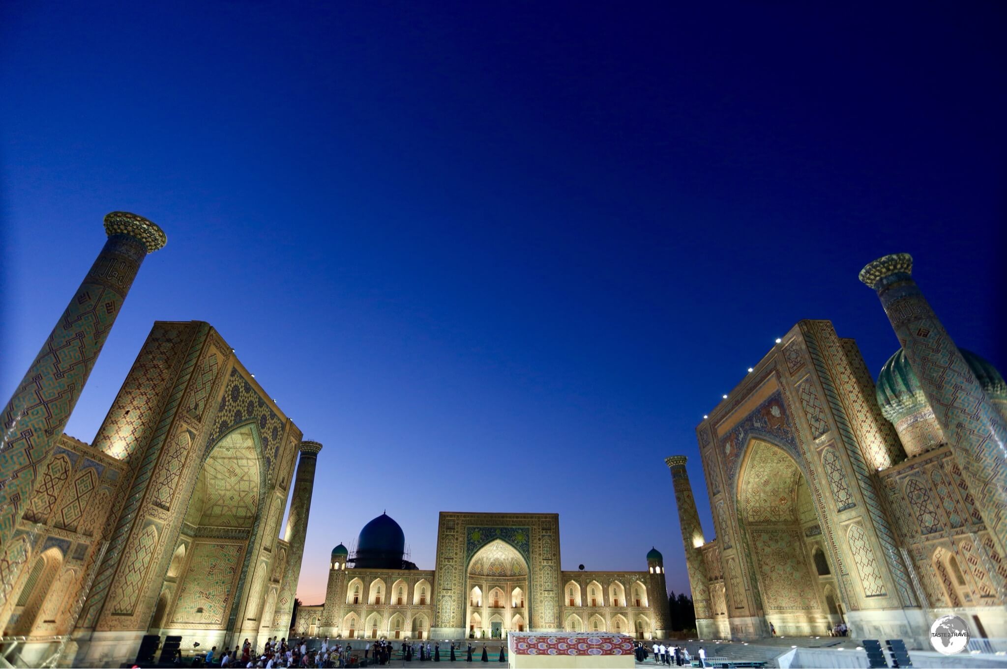 The Registan and its three madrasahs. From left to right: Ulugh Beg Madrasah, Tilya-Kori Madrasah and Sher-Dor Madrasah.