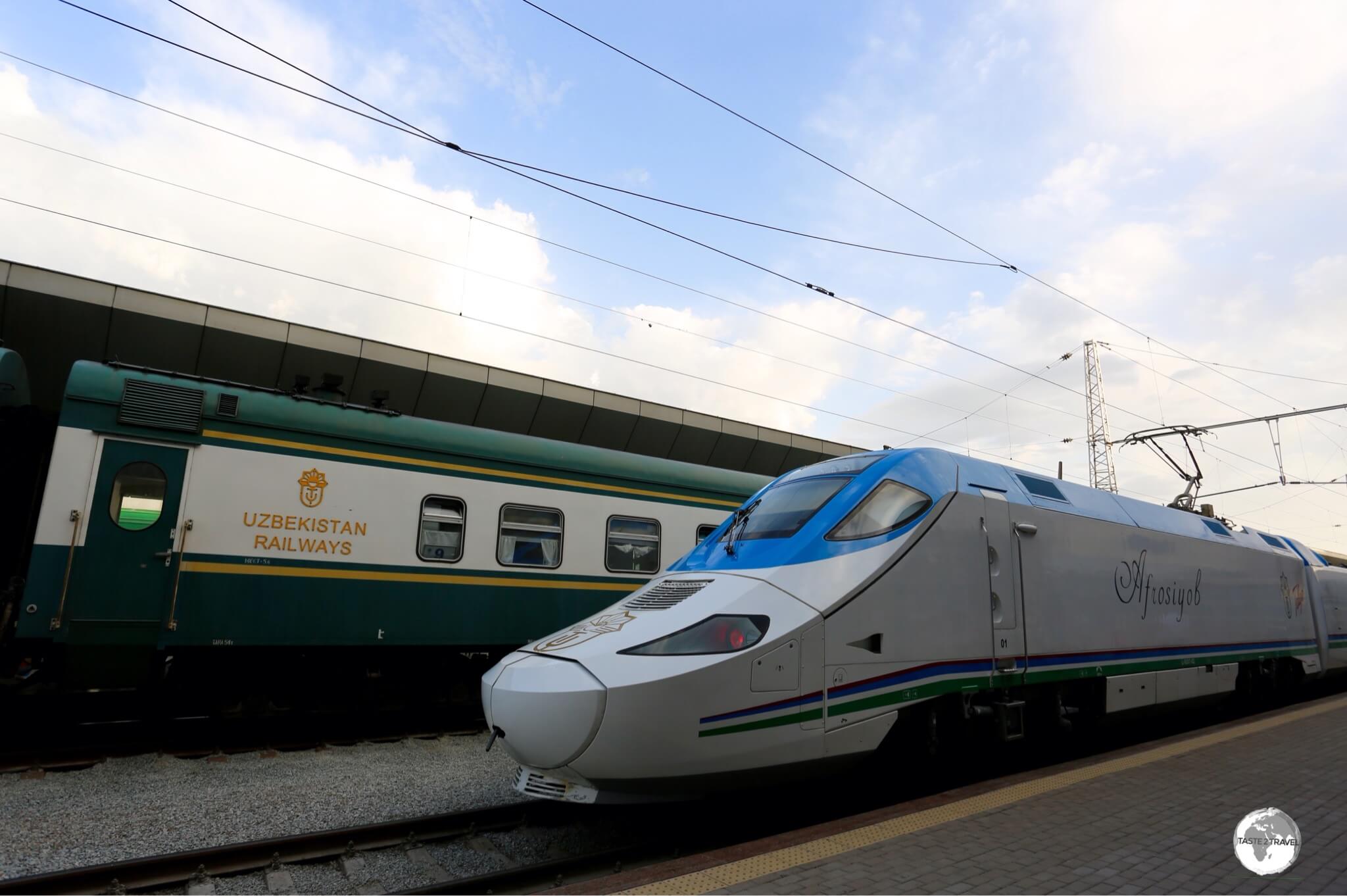 The sleek, modern and fast 'Afrosiyob' train stands in stark contrast to the older, slower trains of Uzbekistan Railways.