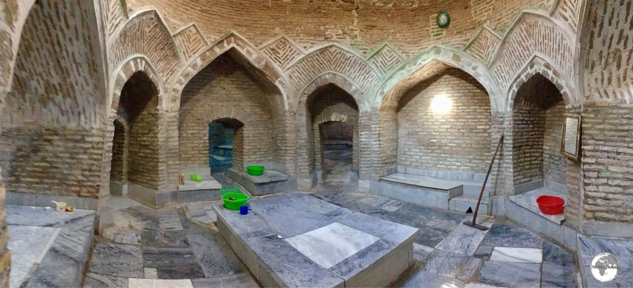 The main chamber at the ancient Bozori Kord bathhouse in Bukhara old town, where one can pay to be massaged (pounded!) and scrubbed on a hard marble slab.