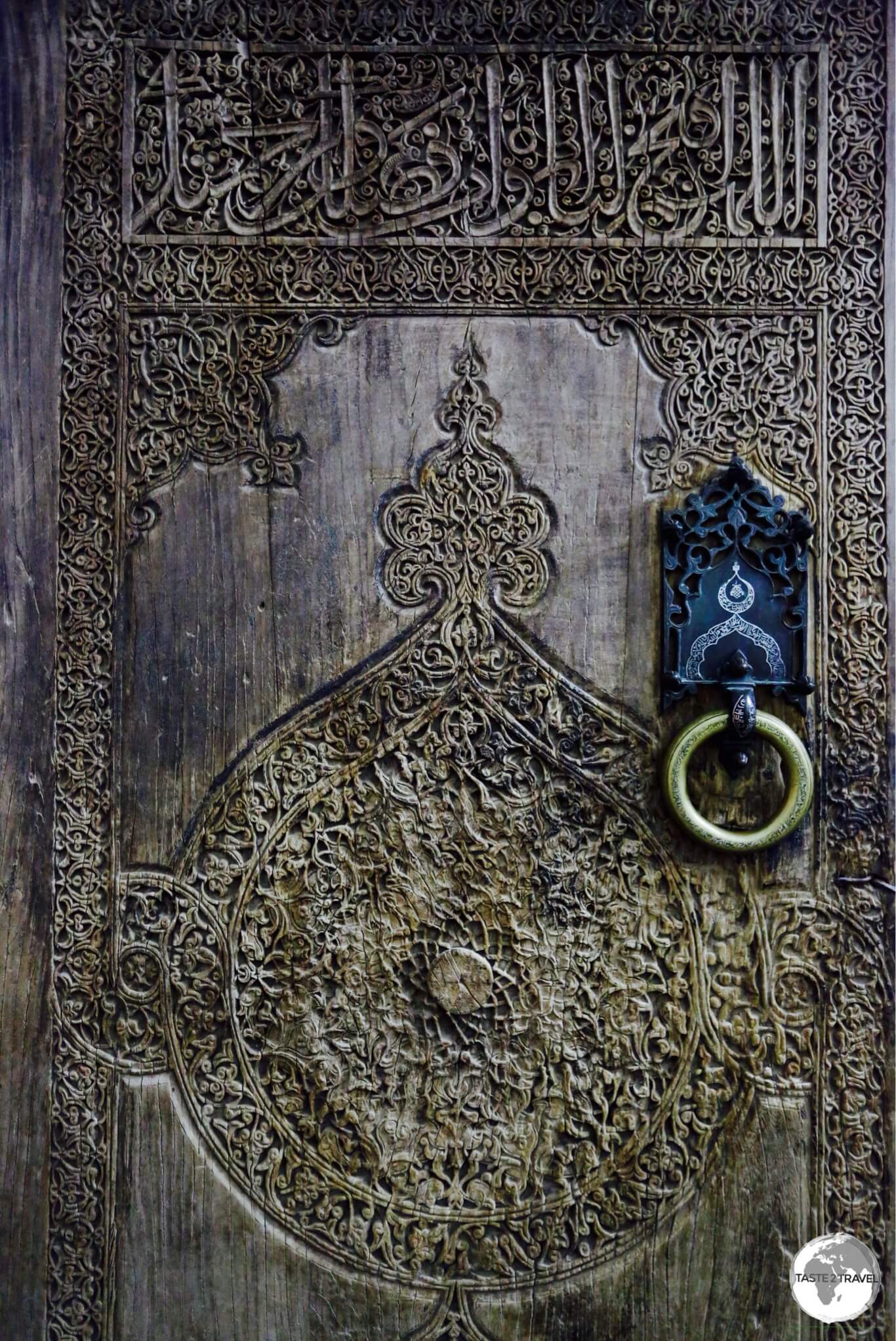 A wooden door at the Tosh Hawli palace in Khiva. 