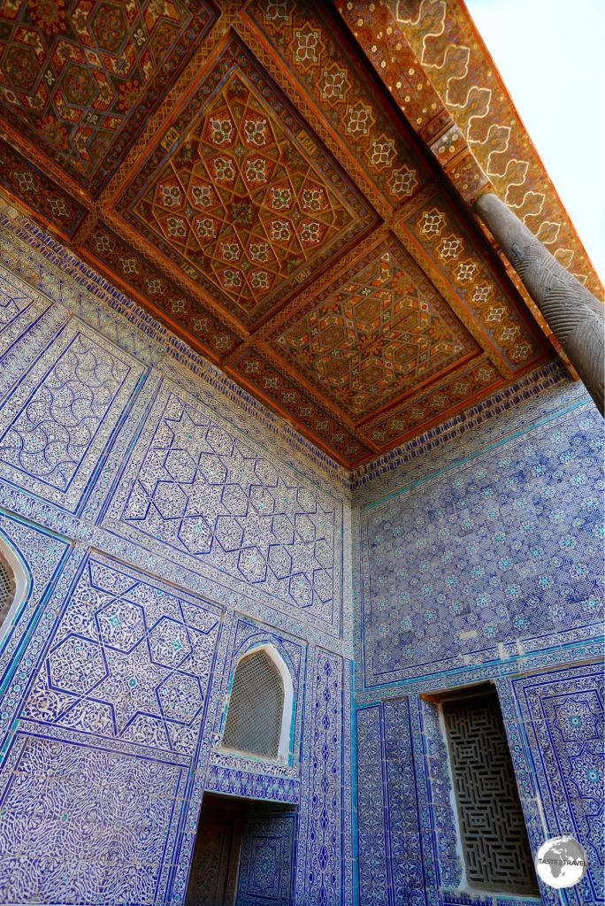 One of the ornate, columned, “aivans” (terraces) at the Tosh Hawli Palace in Khiva.