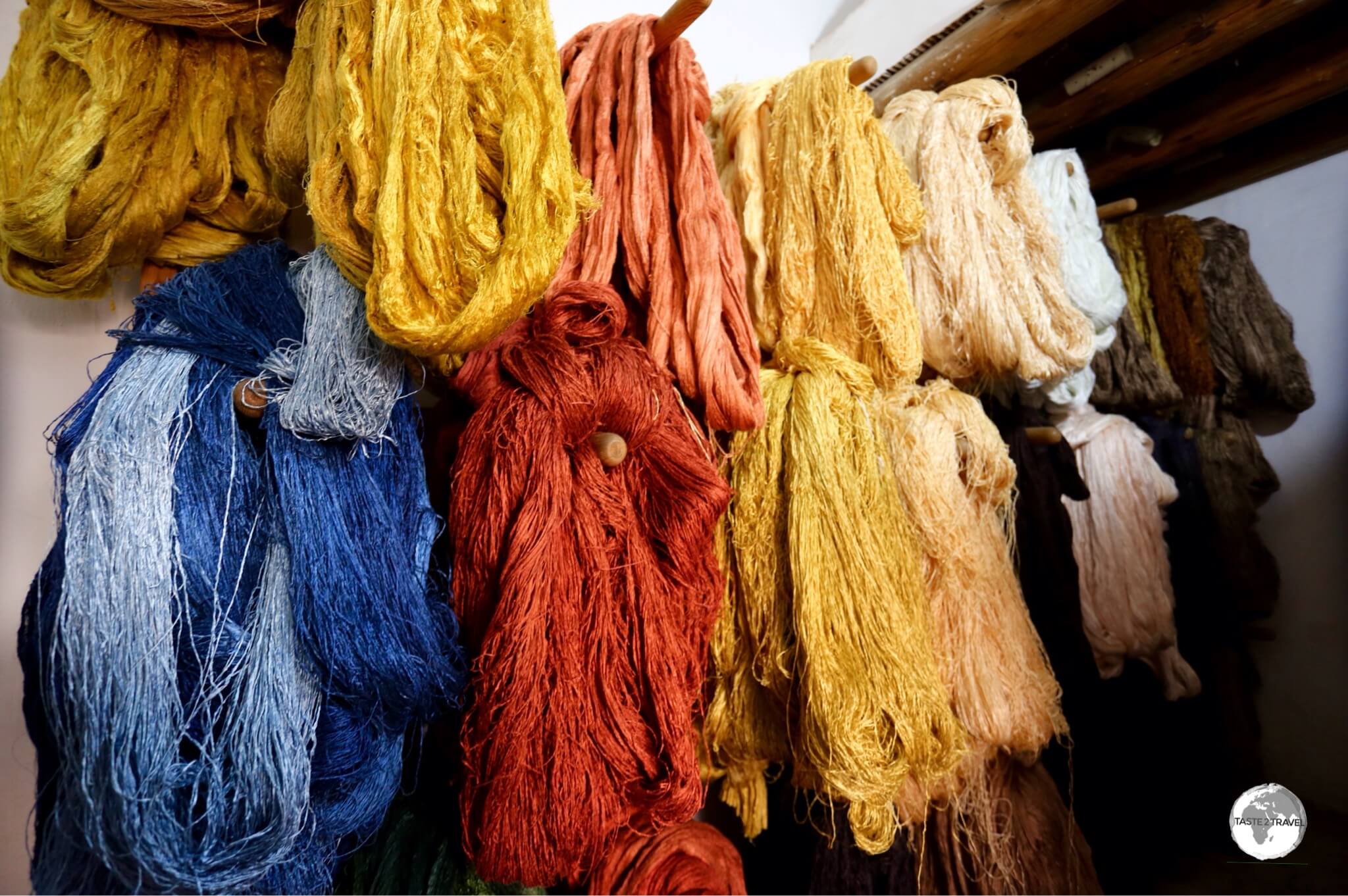 Colourful woollen yarn at a carpet co-operative in Khiva old town. o-operative in Khiva old town.