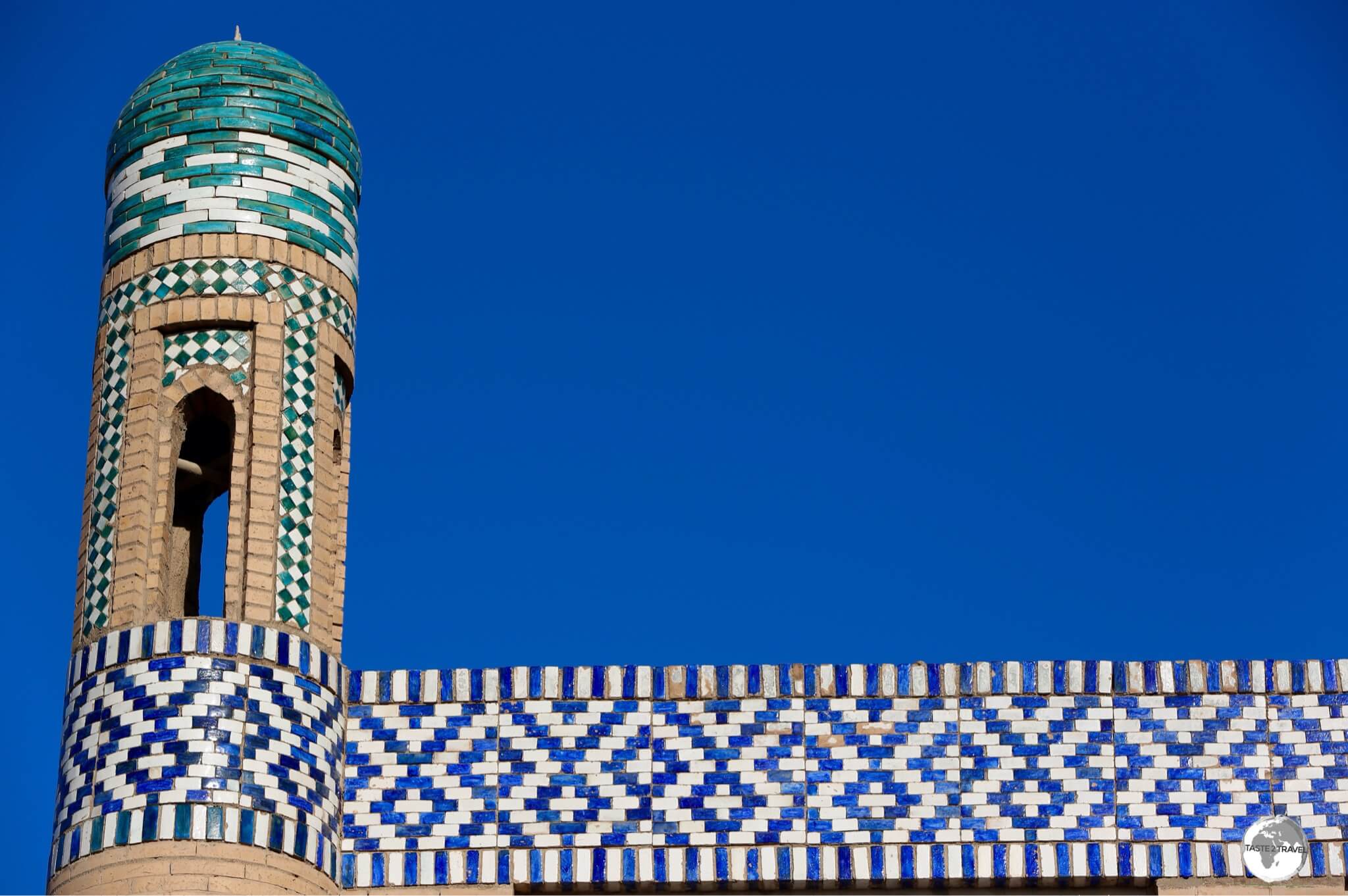 Detail of the tiled roof of the Islam Khoja Madrasah in Khiva. 