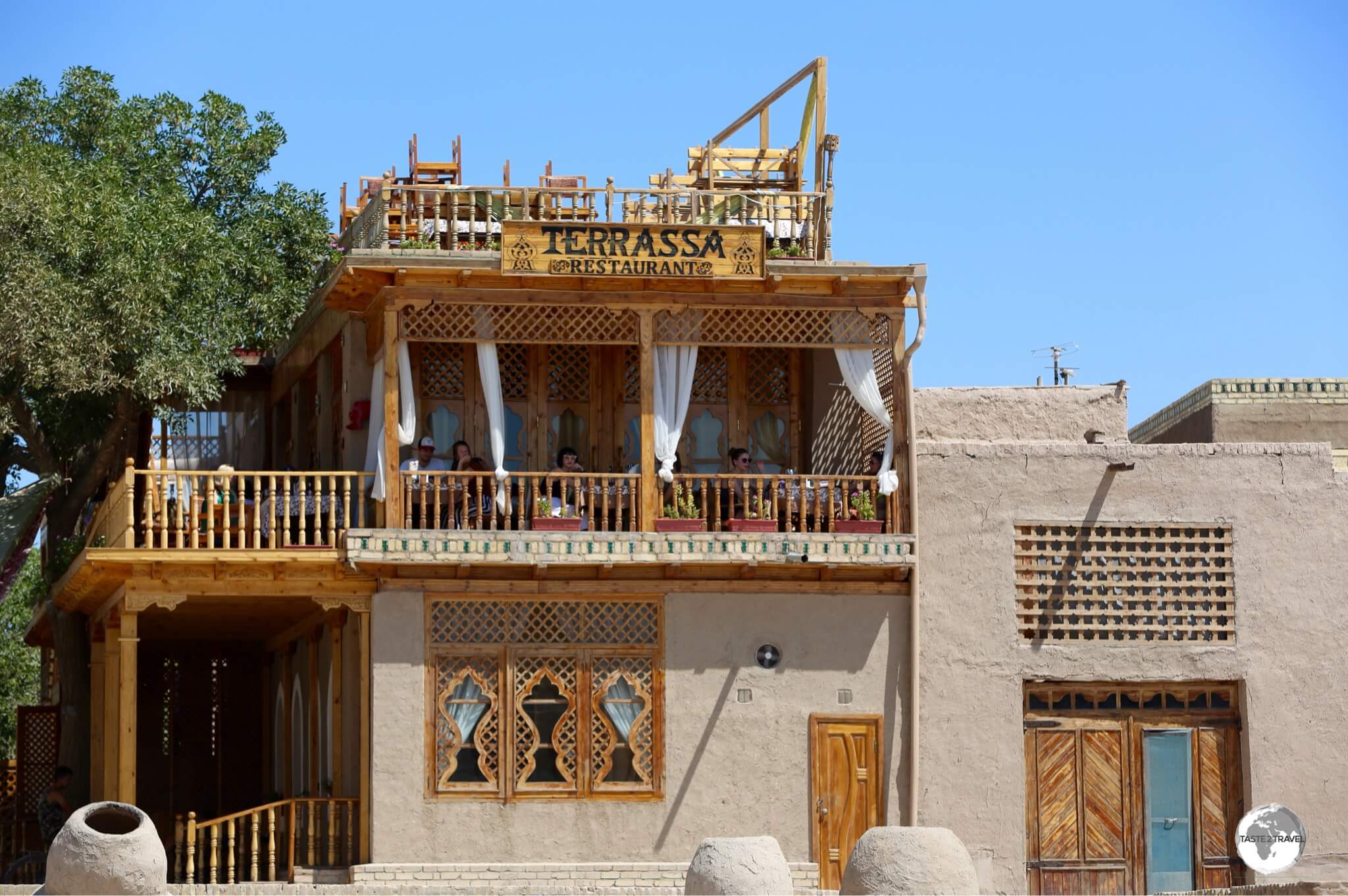 A view of the popular Restaurant Terrassa in Khiva, a wonderful place to sample local cuisine.