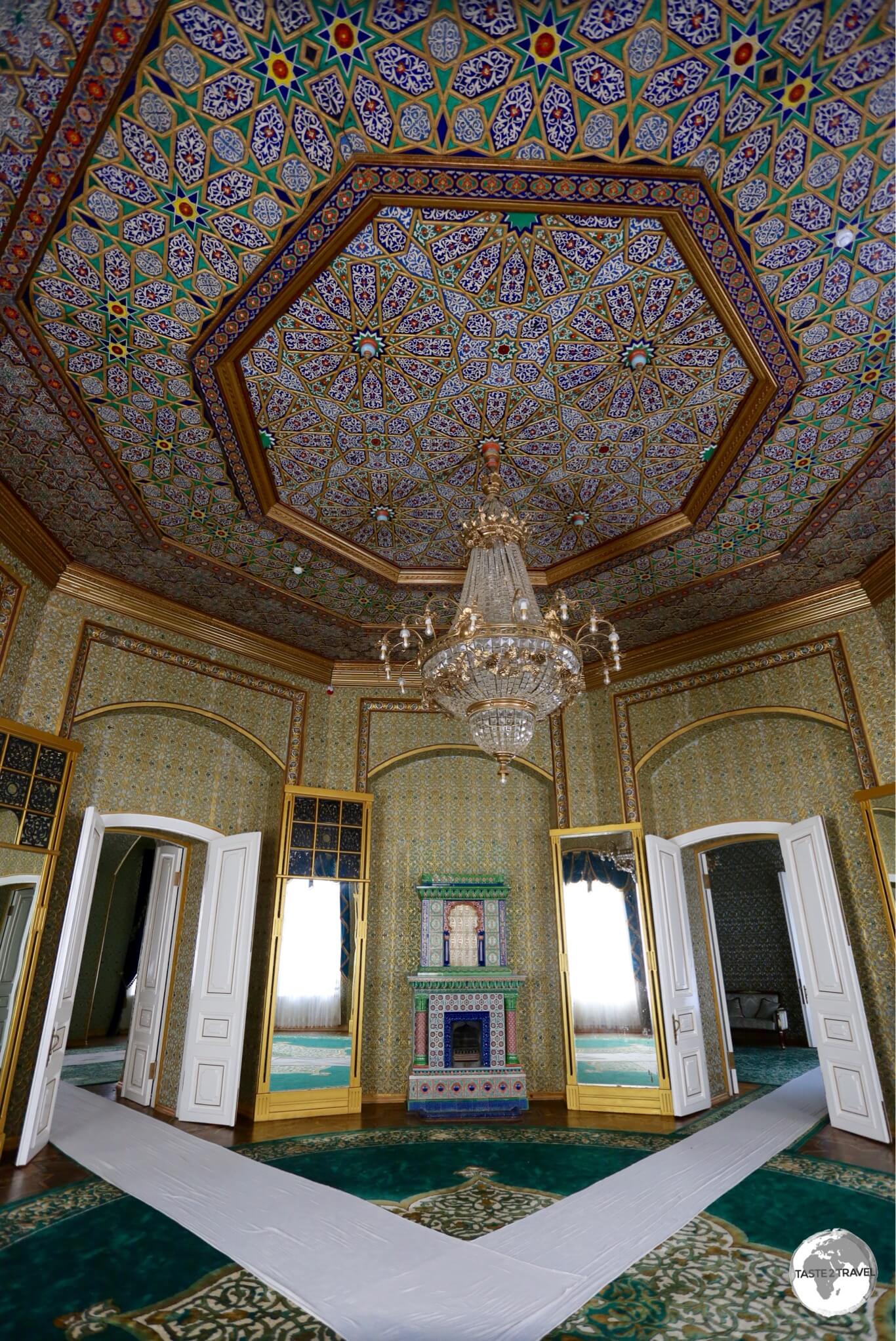 The ornate ceiling of the palace at Nurullaboy Saroyi in Khiva. 