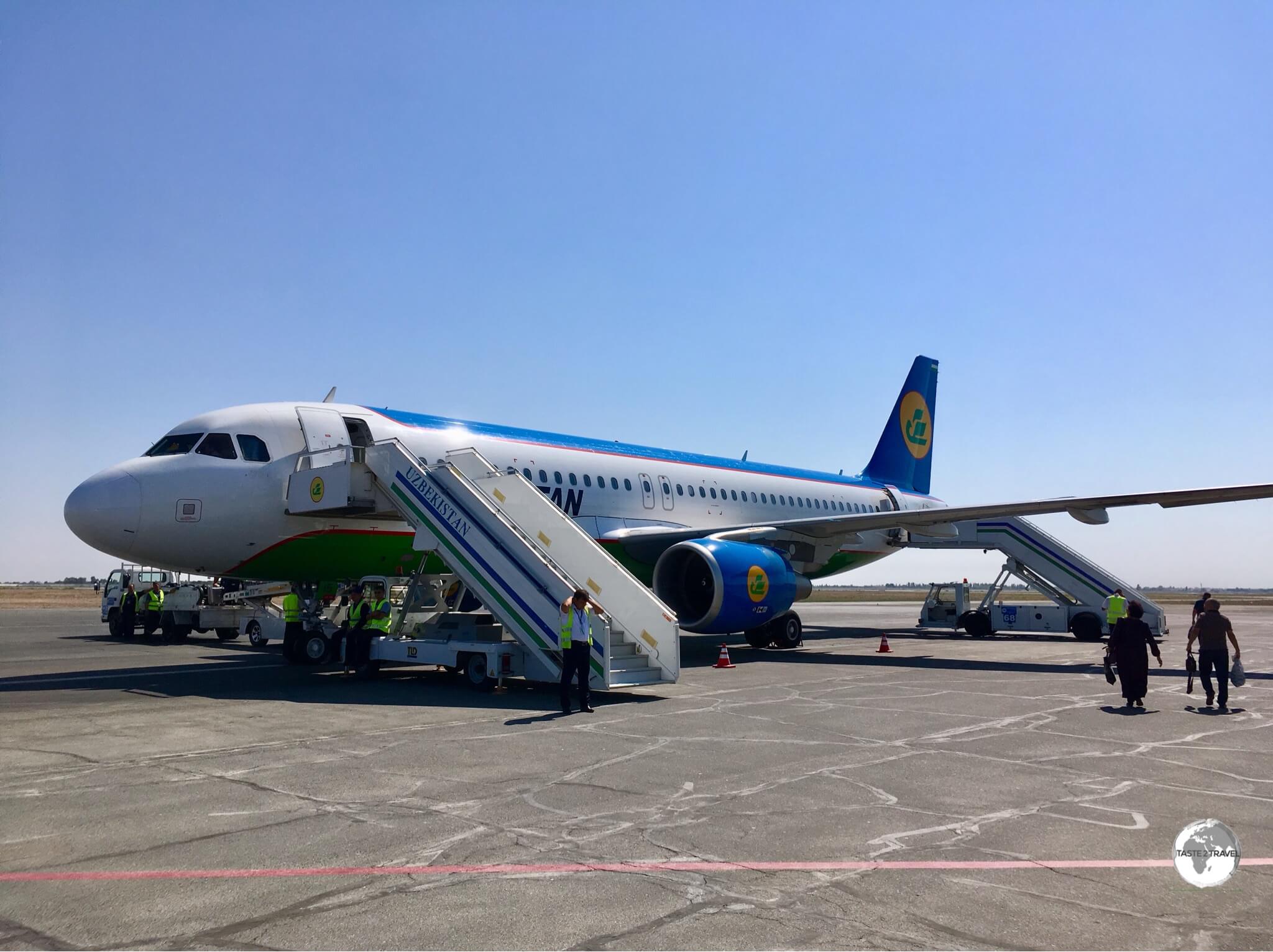 An Uzbekistan Airways flight ready to depart from Urgench airport. 