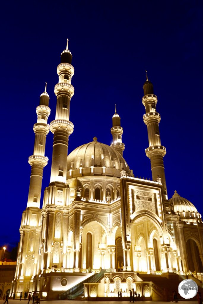 An impressive site, the Heydar Mosque illuminated during the Blue Hour.