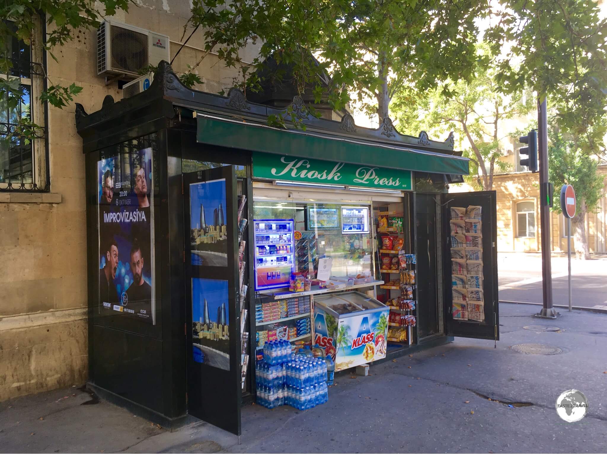 A Parisian-style street kiosk in downtown Baku.