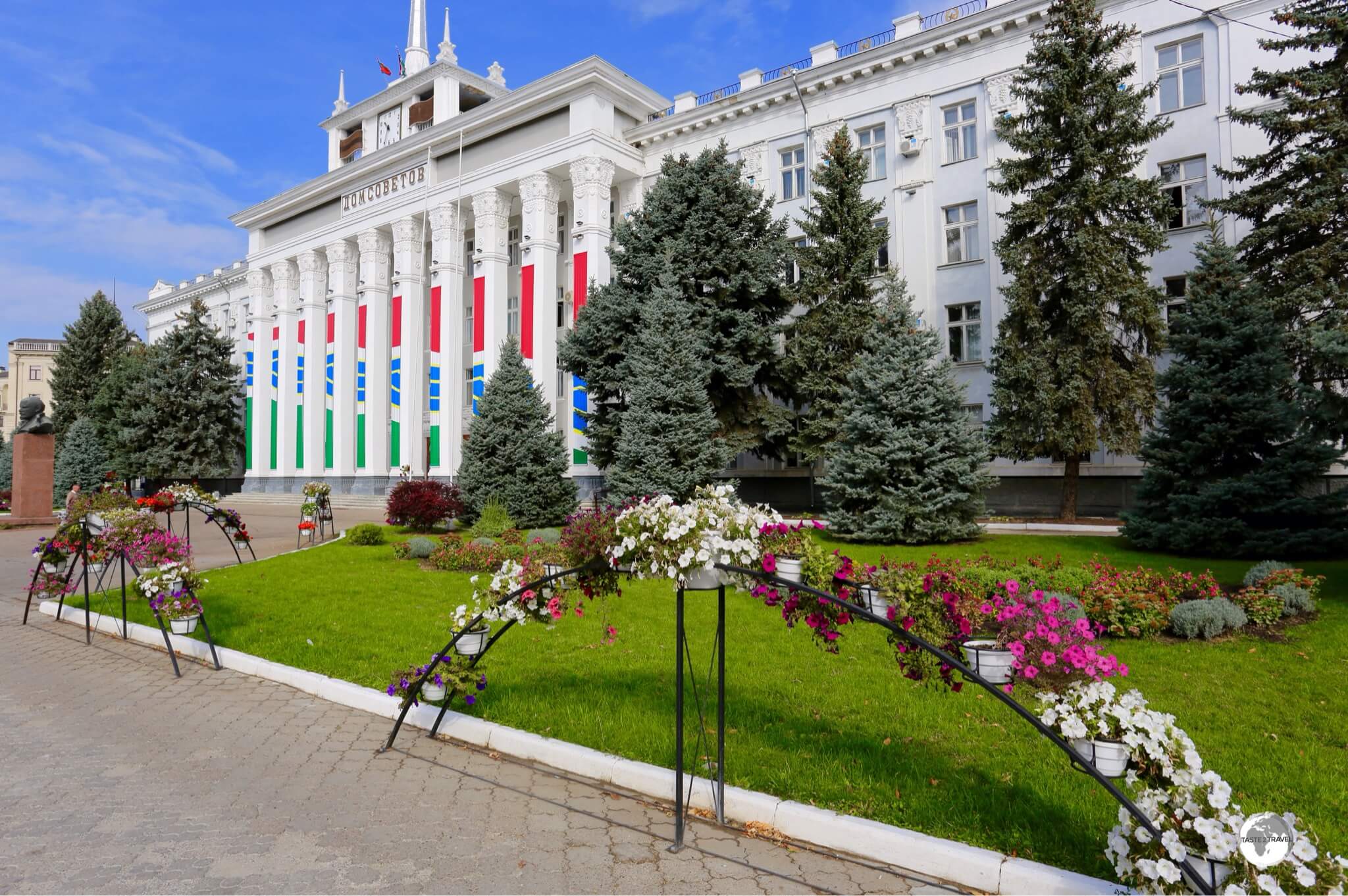 The main street of Tiraspol, 25th of October street, is lined with planter boxes full of colourful flowers.