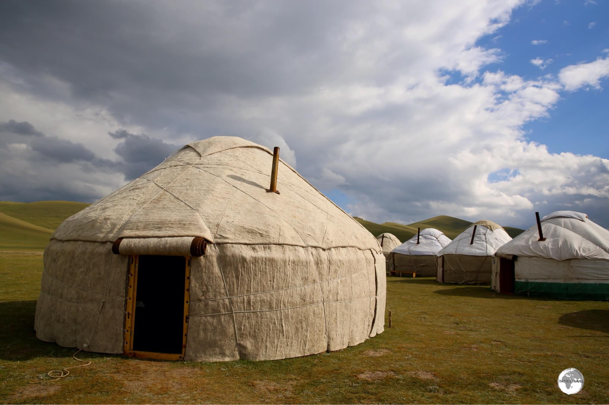 Kyrgyz yurts, such as these on Lake Son-Kul, are always wrapped in large sheets of water-proof, and insulating, felt.