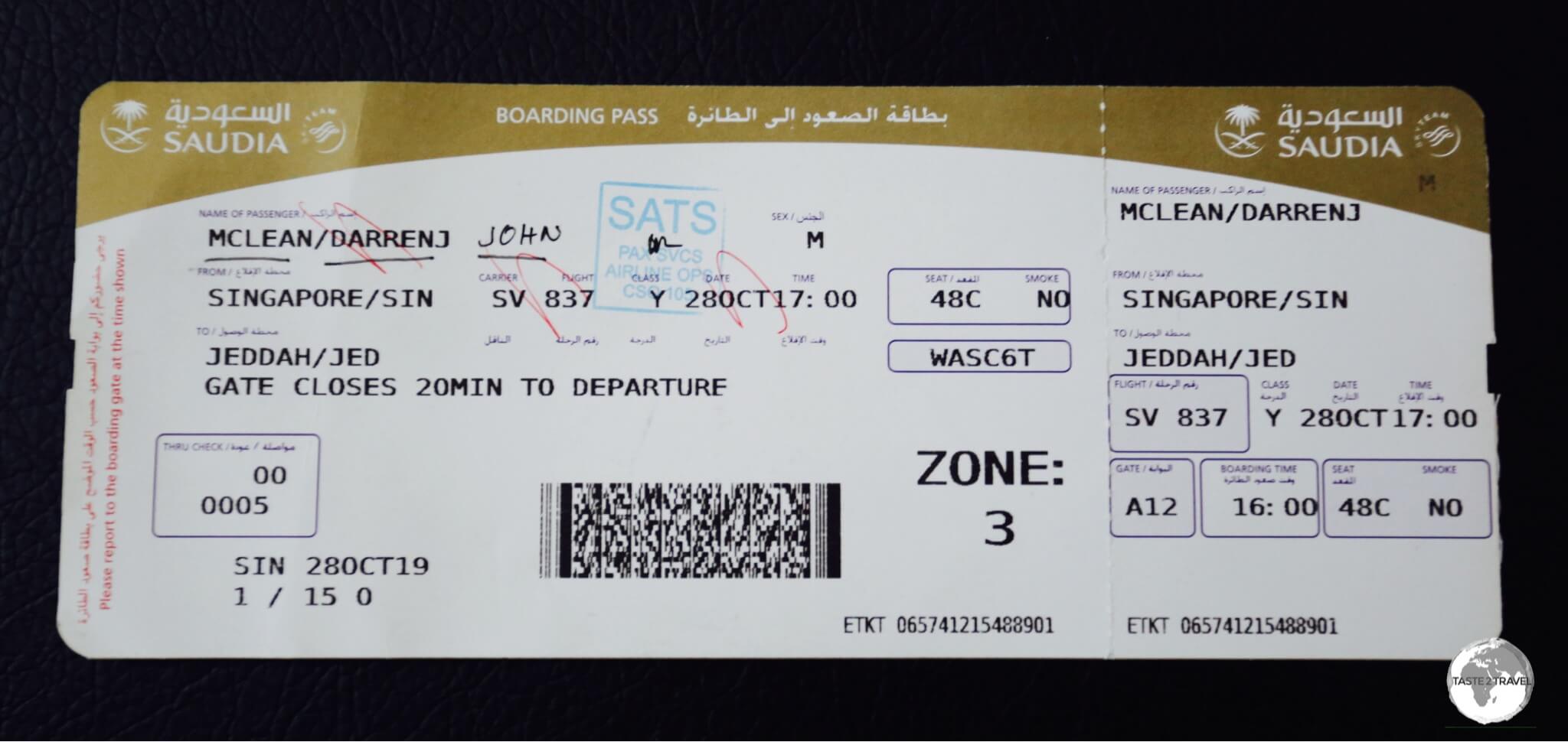 My Saudia boarding pass for my flight from Singapore to Jeddah. 