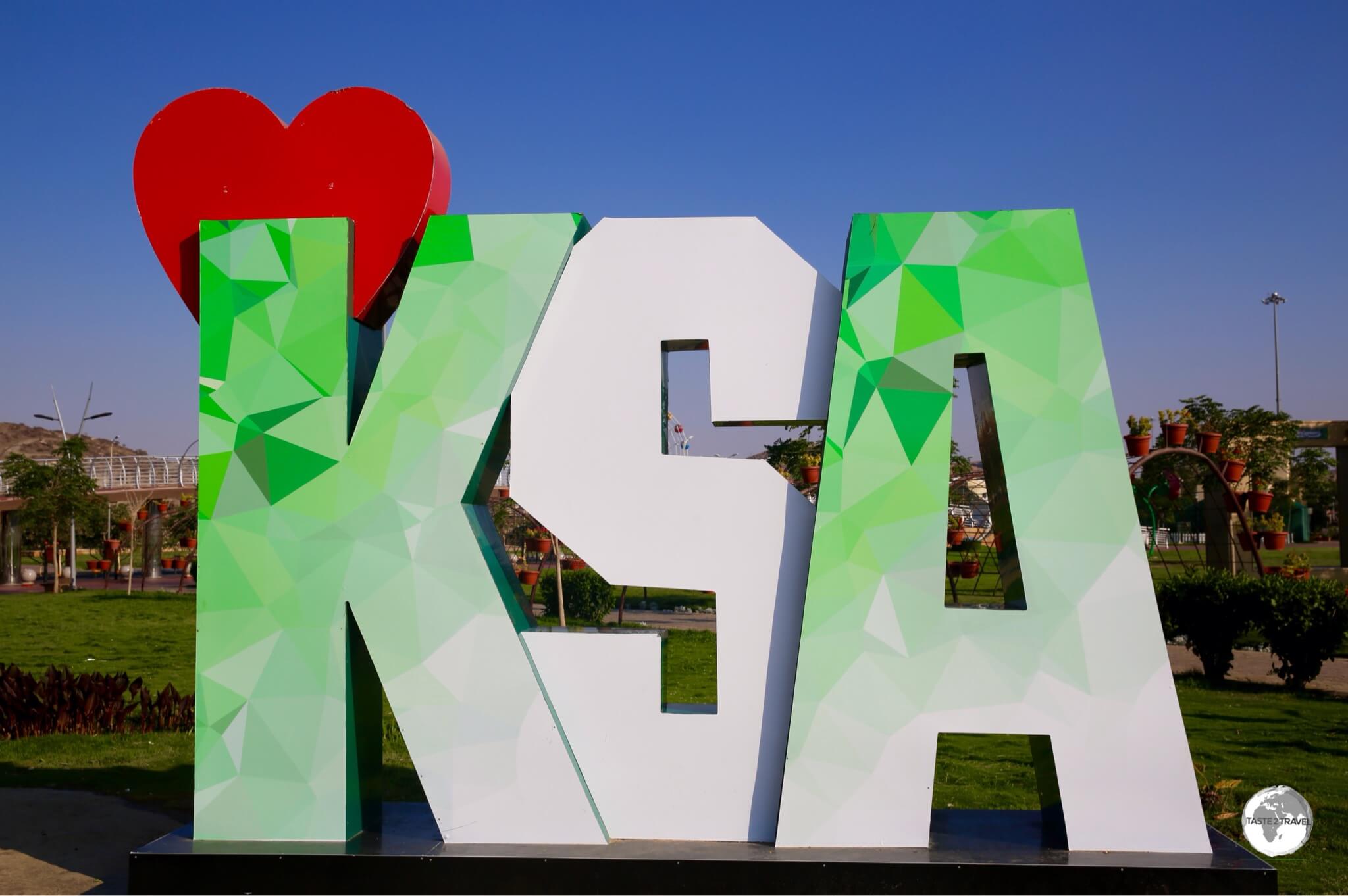 A KSA (Kingdom of Saudi Arabia) sign at Al Rudaf Park in Taif.