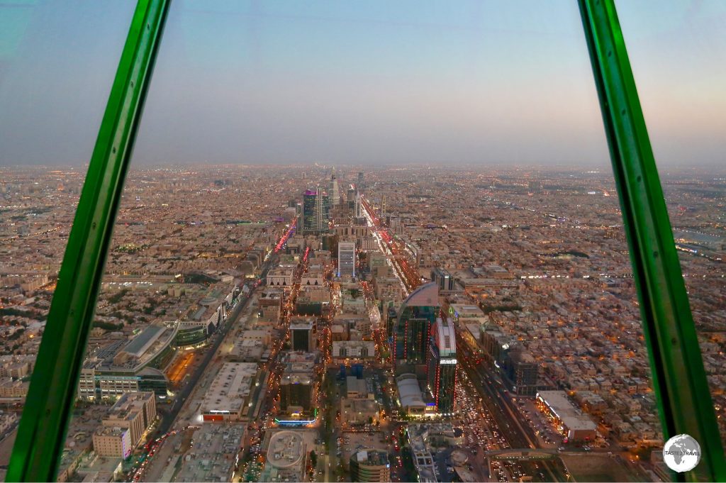 A view of Riyadh at dusk from the Sky bridge at Kingdom Centre.