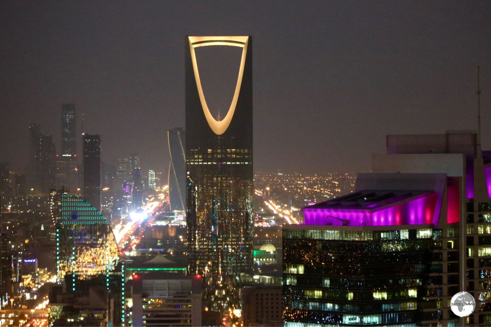 An evening view of the Riyadh Financial district from the top of Al Faisaliah Tower.