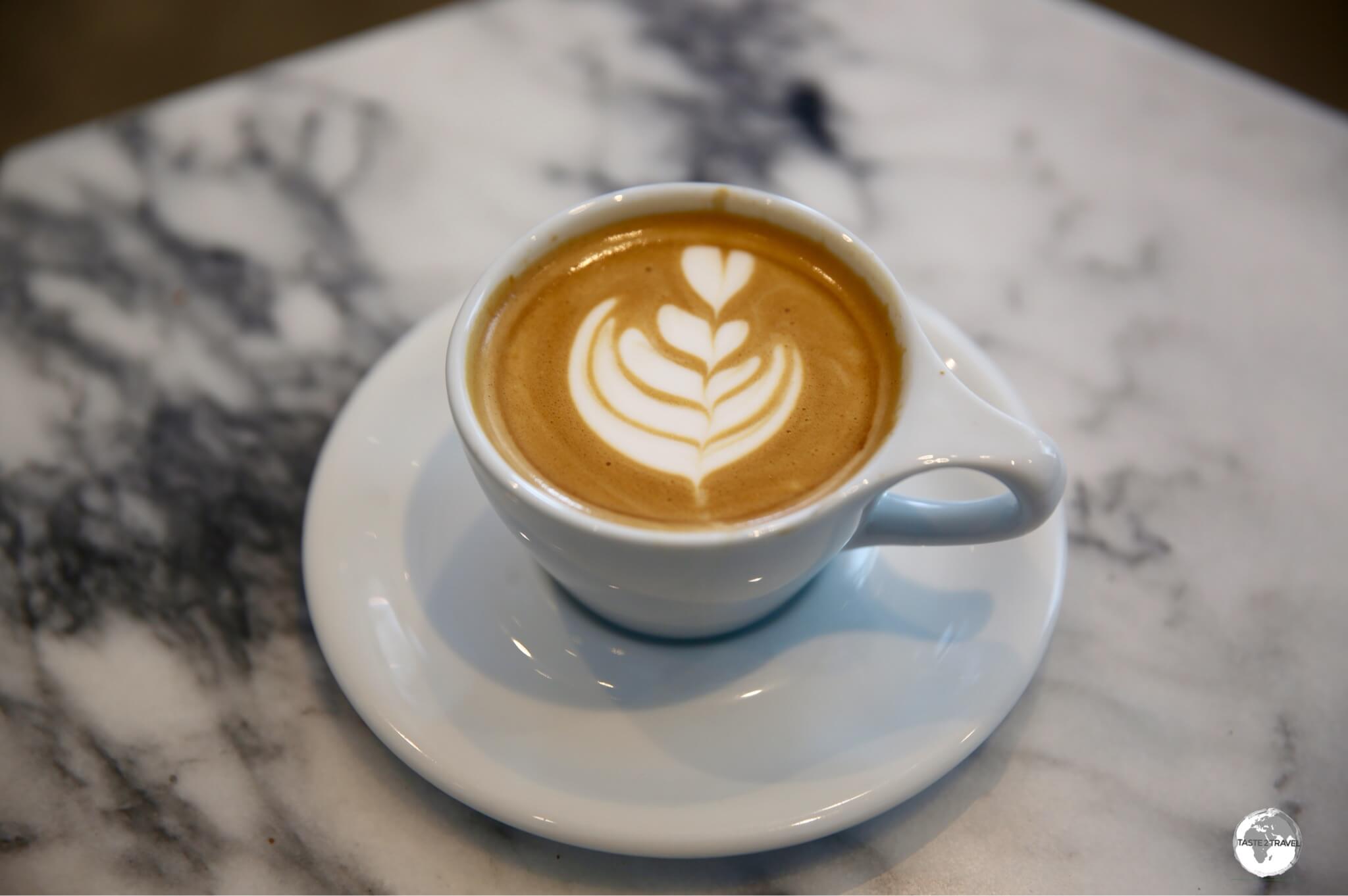 A perfect Flat white at Qaf Coffee Roasters.