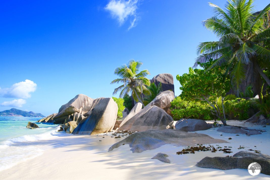 Anse Source d’Argent has been voted "the most beautiful beach" in the world. Praslin island is visible in the background.